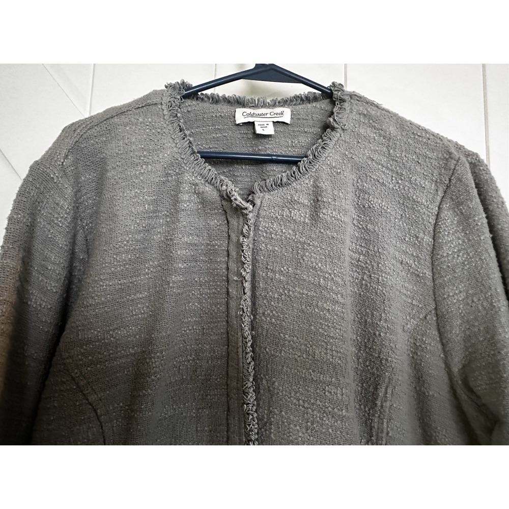 Coldwater Creek Jacket/Blazer Women Sz L Fringed Trim Heavy Cotton Lined Lt Sage